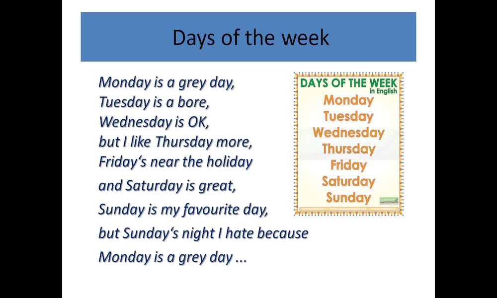 2. náhled výukového kurzu Days of the week, months