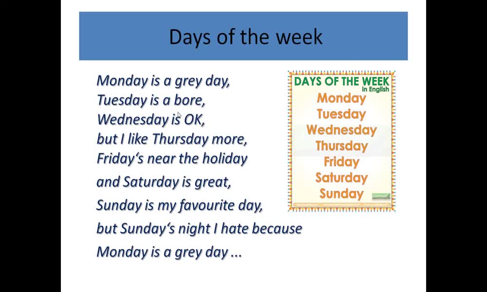 3. náhled výukového kurzu Days of the week, months