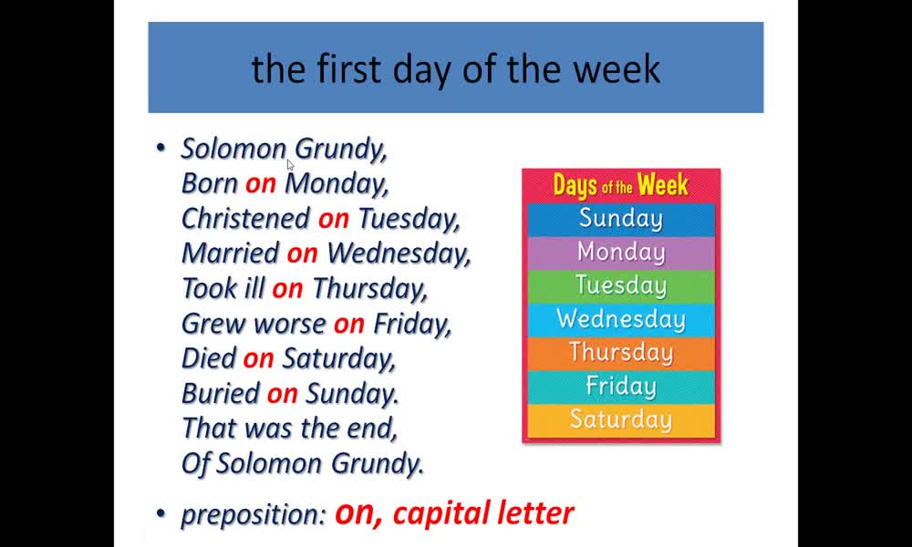 4. náhled výukového kurzu Days of the week, months