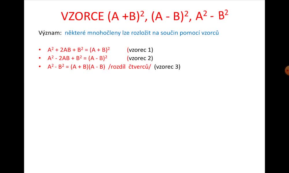 1. náhled výukového kurzu Vzorce (A + B)2, (A - B)2, A2 – B2