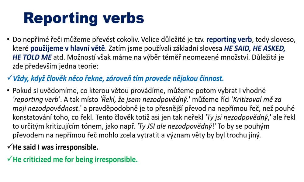 3. náhled výukového kurzu Reporting verbs